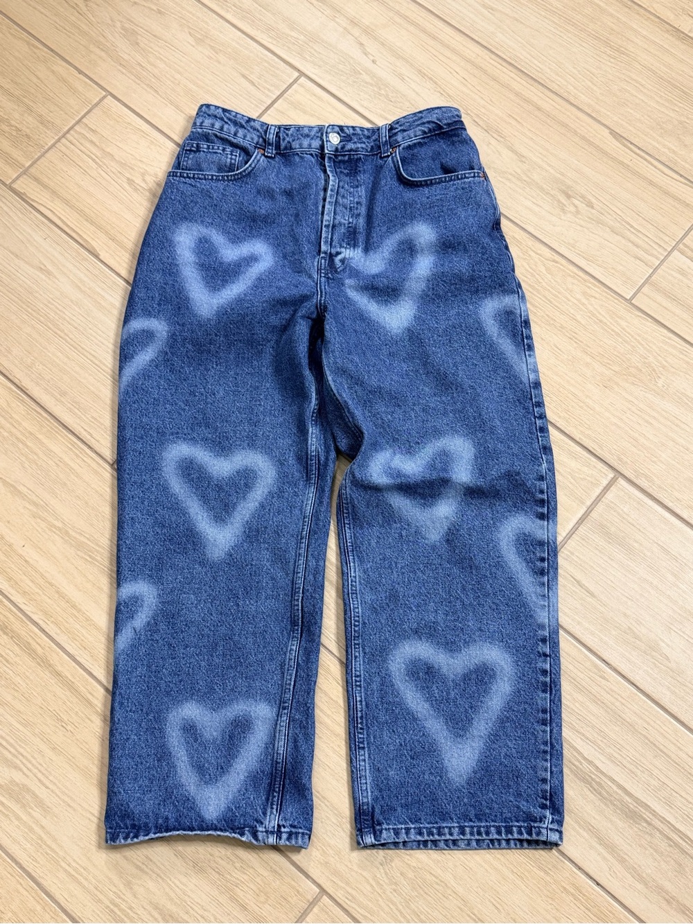 Y2K Topshop Heart Print Wide Leg Jeans Petite 32x28 Baggy Coquette Denim